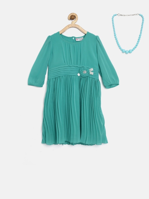 

Peppermint Girls Green Polyester Pleated Fit & Flare Dress with Necklace