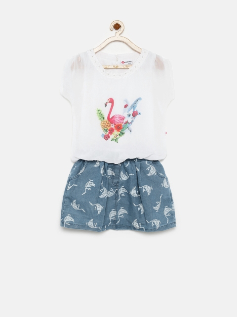 

Peppermint Girls White & Blue Printed Blouson Dress