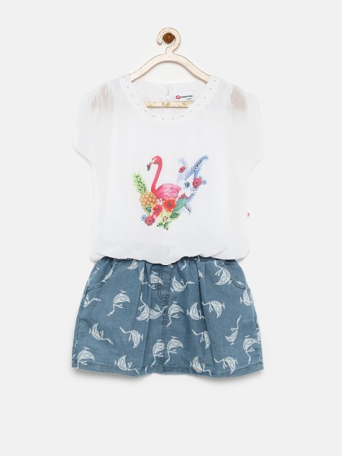 

Peppermint Girls White Blue Printed Blouson Denim dress
