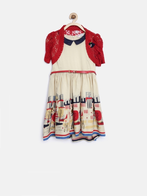 

Peppermint Girls Beige Printed Fit & Flare Dress with Lace Shrug