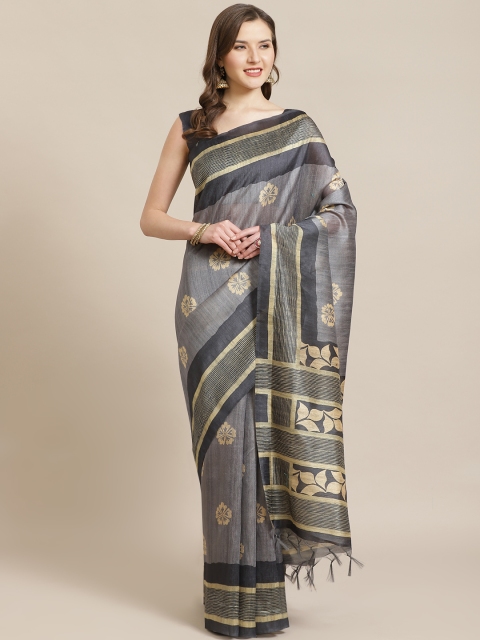 

Mitera Charcoal Grey & Beige Floral Printed Bhagalpuri Saree