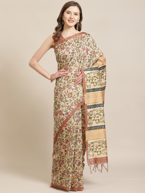

Mitera Beige & Pink Floral Printed Bhagalpuri Saree