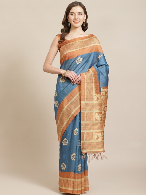 

Mitera Blue & Beige Floral Printed Bhagalpuri Saree