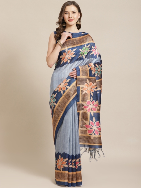 

Mitera Blue & Golden Floral Printed Bhagalpuri Saree