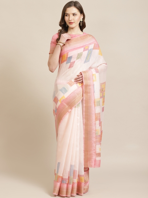 

Mitera Pink & Off-White Block Print Saree