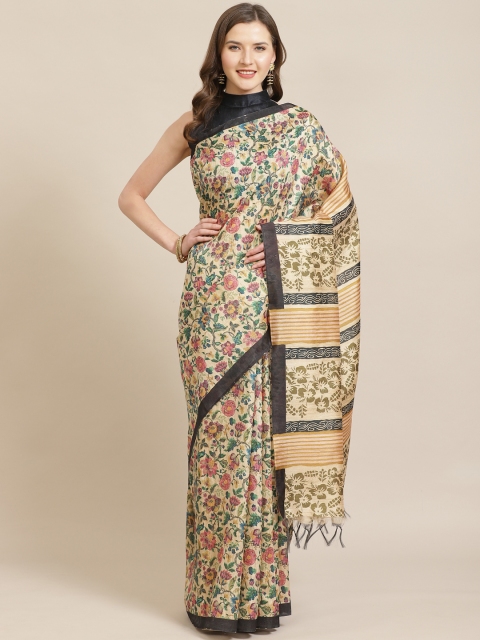 

Mitera Beige & Pink Floral Printed Bhagalpuri Saree