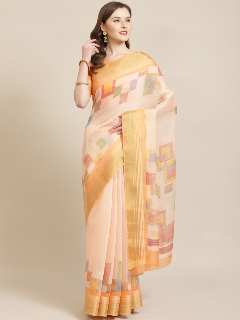 Mitera Peach-Coloured Printed Block Print Saree