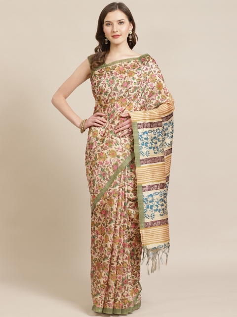 

Mitera Beige & Pink Floral Printed Bhagalpuri Saree