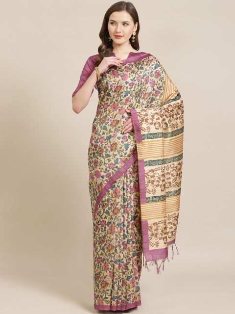 

Mitera Beige & Pink Floral Print Bhagalpuri Saree