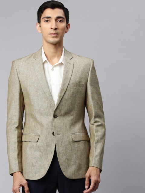 

Park Avenue Men Beige Super Slim Fit Self-Design Single-Breasted Formal Linen Blazer