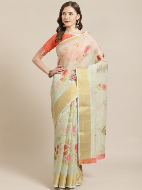 

Shangrila Creation Sea Green & Red Pure Linen Floral Printed Khadi Saree