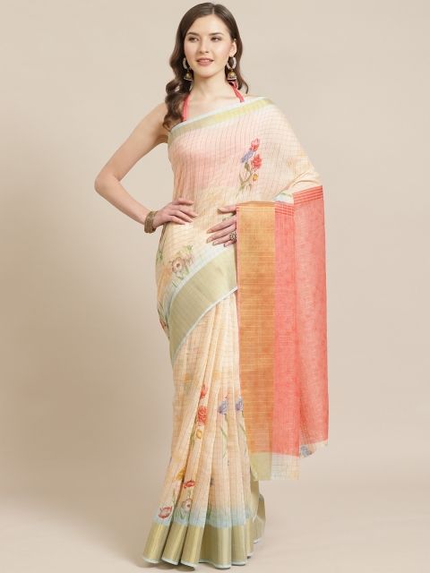 

Shangrila Creation Peach-Coloured & Red Pure Linen Floral Printed Khadi Saree