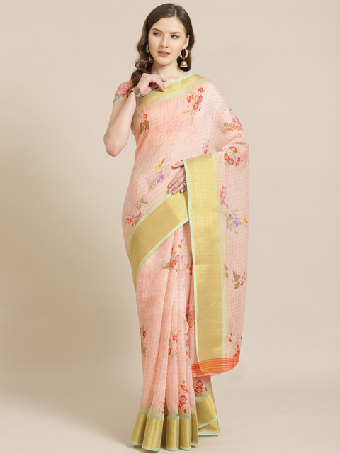 

Shangrila Creation Pink & Red Pure Linen Floral Printed Khadi Saree
