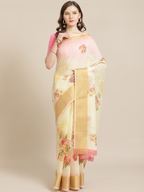 

Shangrila Creation Cream-Coloured & Pink Checked Floral Print Saree