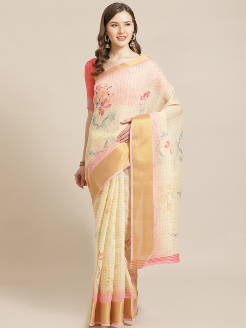 

Shangrila Creation Cream-Coloured & Pink Pure Linen Floral Printed Khadi Saree