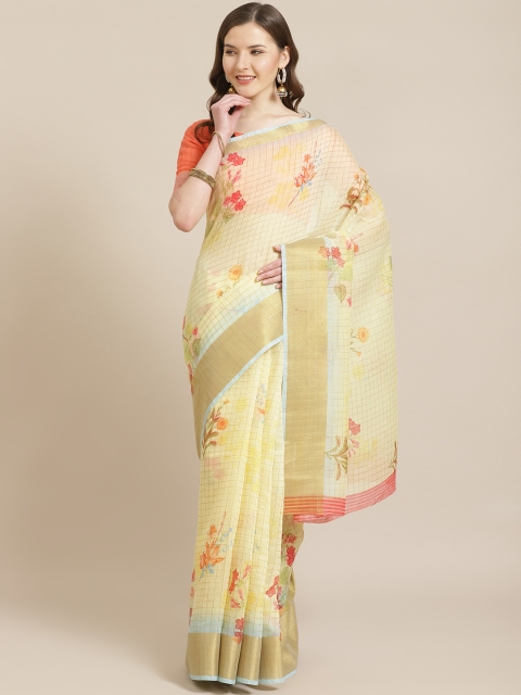 Shangrila Creation Yellow & Orange Pure Linen Floral Printed Khadi Saree