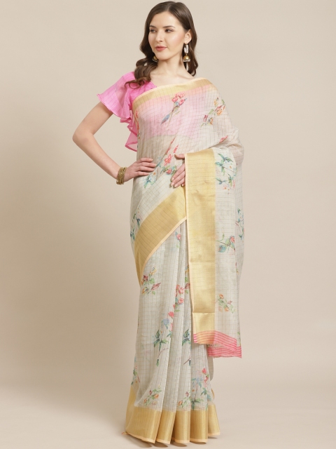 

Shangrila Creation Grey & Red Pure Linen Floral Printed Khadi Saree
