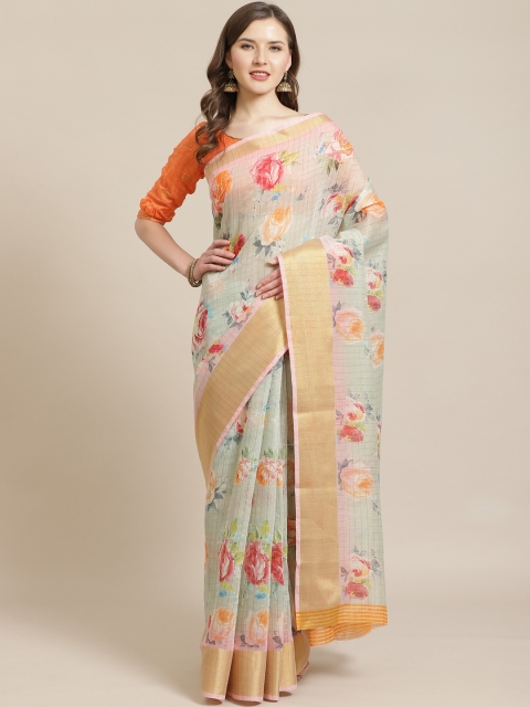 

Shangrila Creation Sea Green & Red Pure Linen Floral Printed Khadi Saree