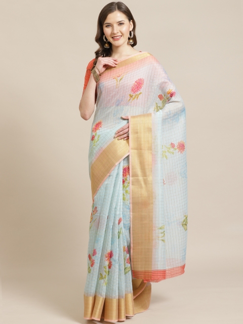 

Shangrila Creation Blue & Red Pure Linen Floral Printed Khadi Saree