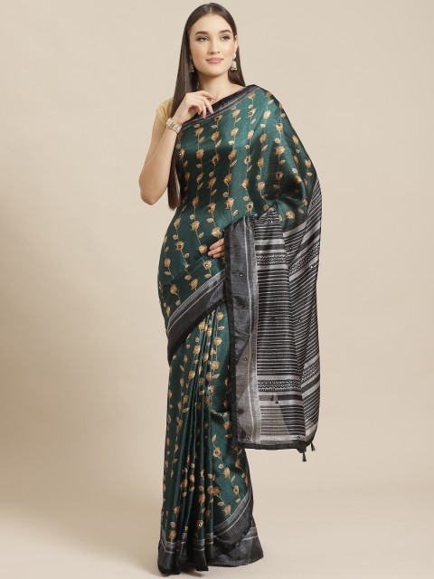

Tikhi Imli Green & Beige Kutchi Mirror Work Floral Printed Saree