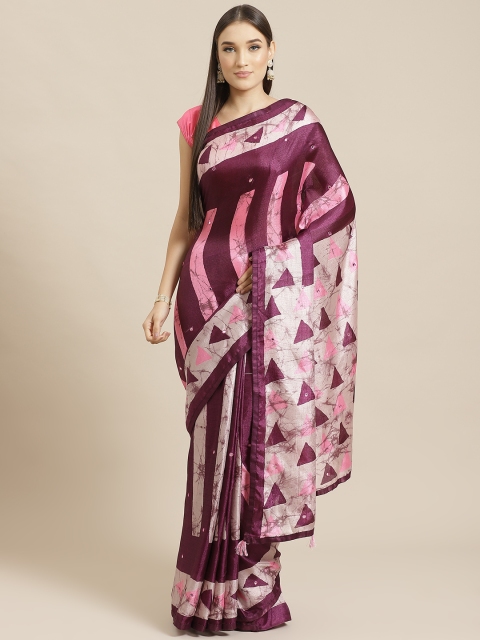 

Tikhi Imli Burgundy & Off-White Kutchi Mirror Work Batik Printed Saree