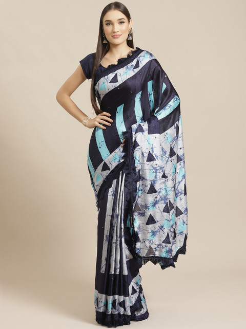 

Tikhi Imli Navy Blue Printed Batik Saree
