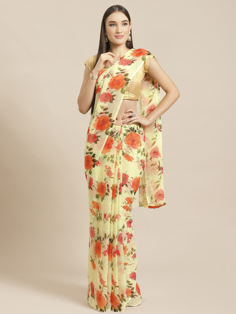 

Tikhi Imli Yellow & Coral Orange Floral Printed Saree