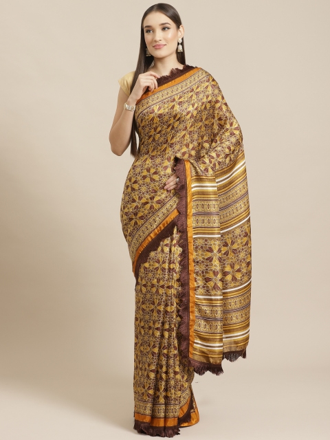 

Tikhi Imli Mustard Yellow & Brown Ajrak Printed Saree