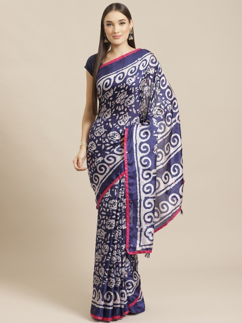 

Tikhi Imli Navy Blue & White Kutchi Mirror Work Batik Printed Saree