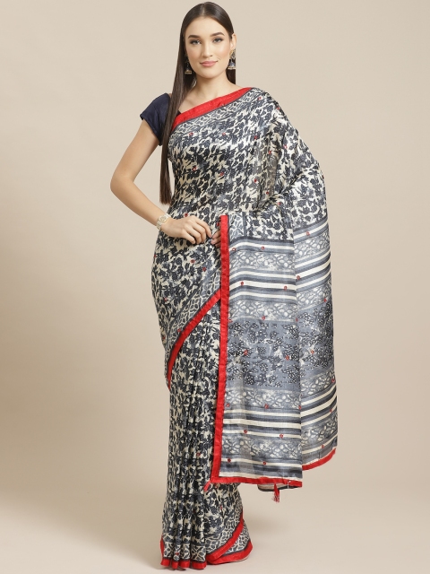 

Tikhi Imli Charcoal Grey & Off-White Kutchi Mirror Work Batik Printed Saree