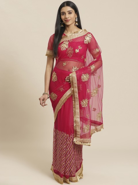 

Tikhi Imli Magenta & Golden Net Embroidered Heavy Work Saree