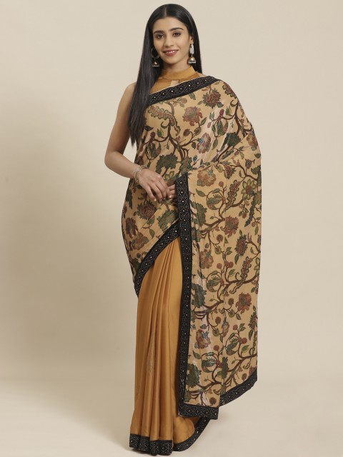 

Tikhi Imli Brown & Green Ethnic Motifs Print Half & Half Saree