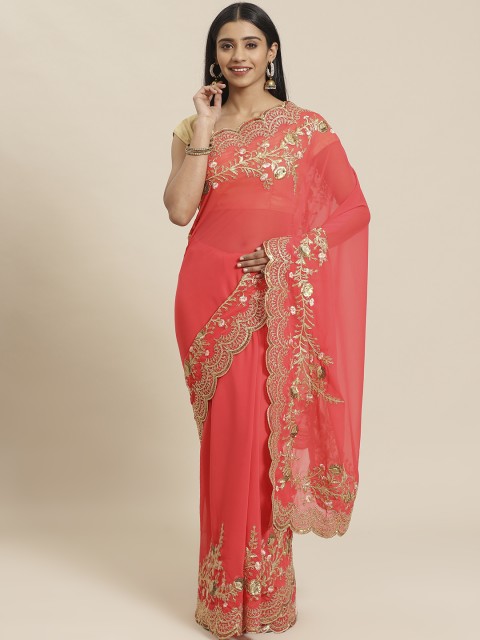 

Tikhi Imli Coral Red & Golden Solid Saree