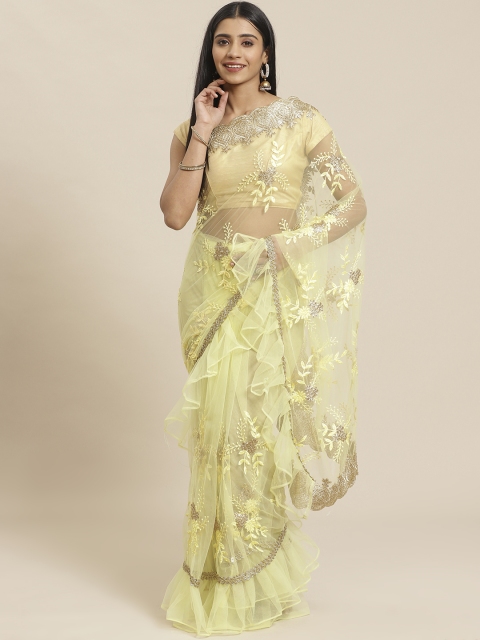 

Tikhi Imli Yellow & Golden Net Ruffle Embroidered Saree