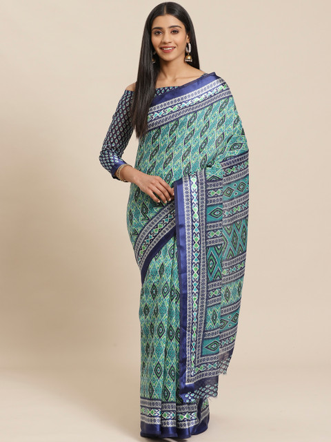 

Tikhi Imli Navy Blue & Green Geometric Print Saree
