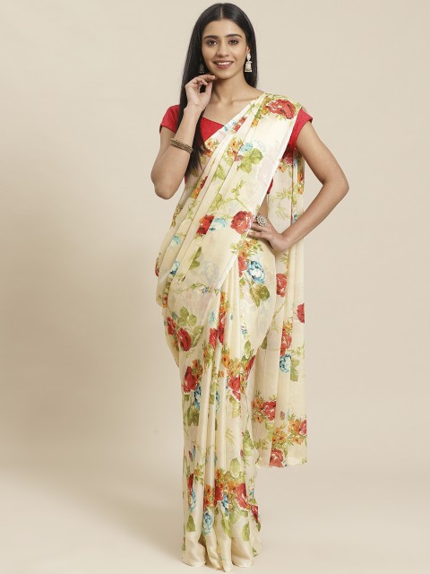 

Tikhi Imli Cream-Coloured & Red Floral Print Saree