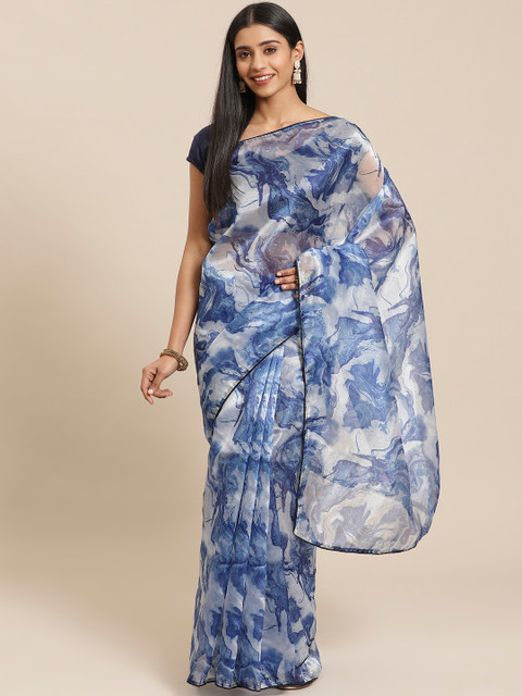 

Tikhi Imli Navy Blue & White Printed Saree