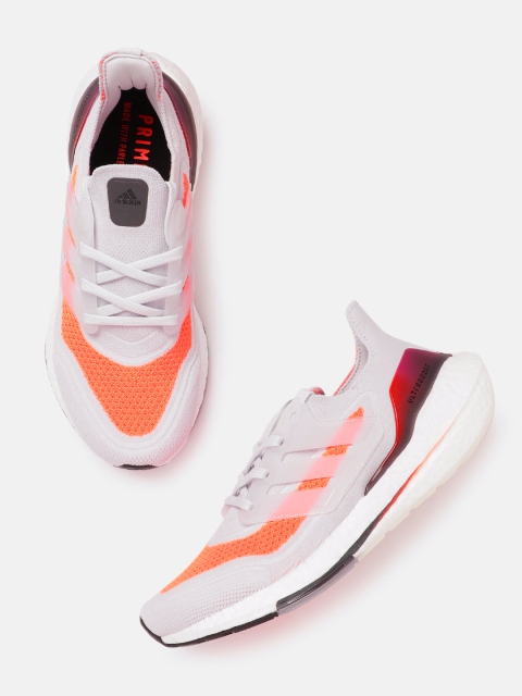 

ADIDAS Men Off-White & Neon Orange Woven Design Ultraboost 21 Running Shoes