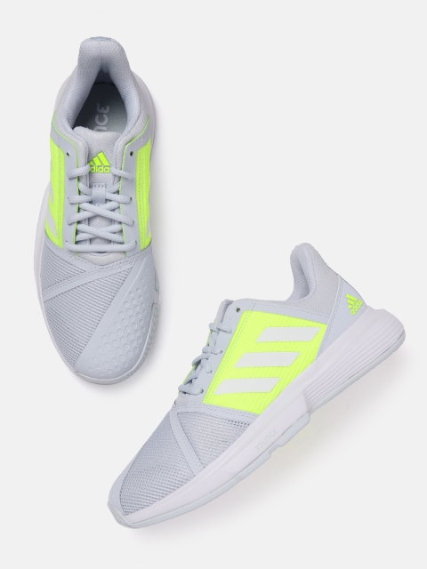 

ADIDAS Women Blue & Fluorescent Green Woven Design CourtJam Bounce Tennis Shoes