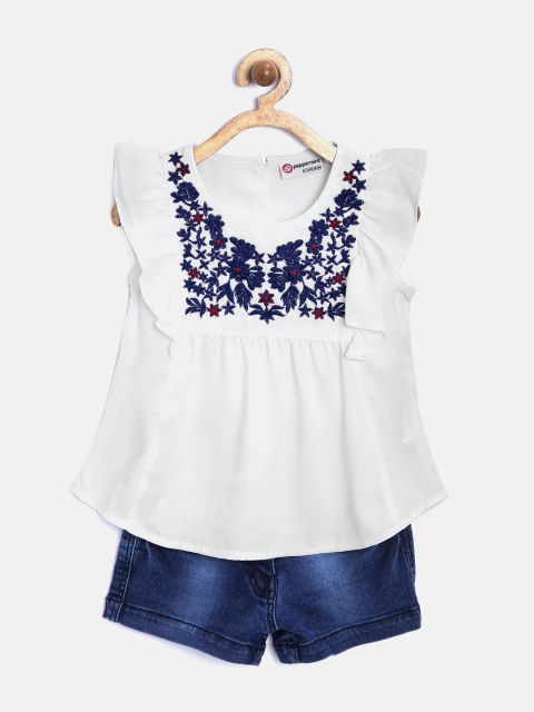 

Peppermint Girls White & Blue Embroidered Clothing Set