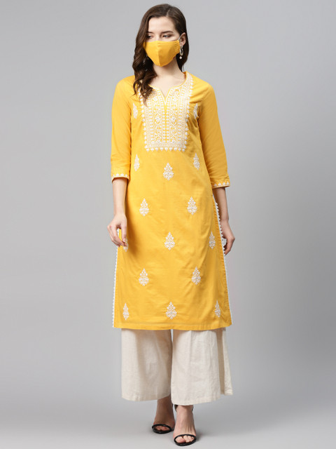 

Biba Women Yellow Off-White Chikankari Embroidered Pure Cotton Straight Kurta