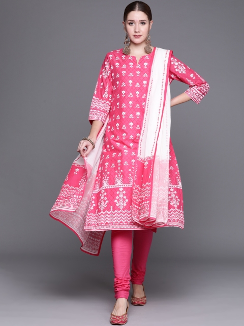 

Biba Women Pink Pure Cotton Printed Regular Kurta with Churidar & Dupatta