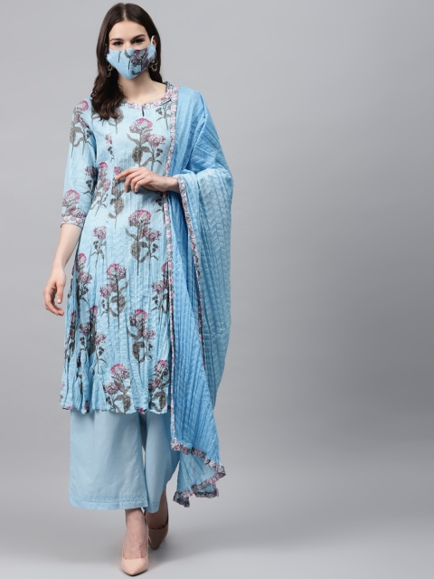 

Biba Women Blue Green Floral Print A-Line Cotton Kurta with Palazzo Dupatta