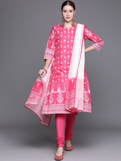 

Biba Women Pink Pure Cotton Printed Regular Kurta with Churidar & Dupatta
