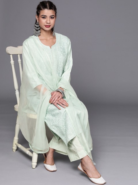 

Biba Women Green Floral Embroidered Kurta With Palazzos & Dupatta Set