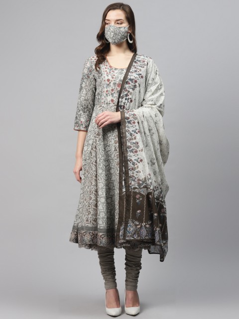 

Biba Women Grey Orange Pure Cotton Printed Anarkali Kurta Churidar Dupatta