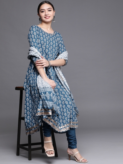 

Biba Women Blue Ethnic Motifs Print Gotta Patti Pure Cotton Kurta with Churidar & Dupatta