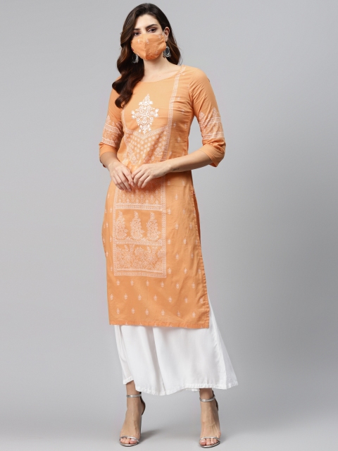 

Biba Women Peach-Coloured Off-White Printed Straight Kurta
