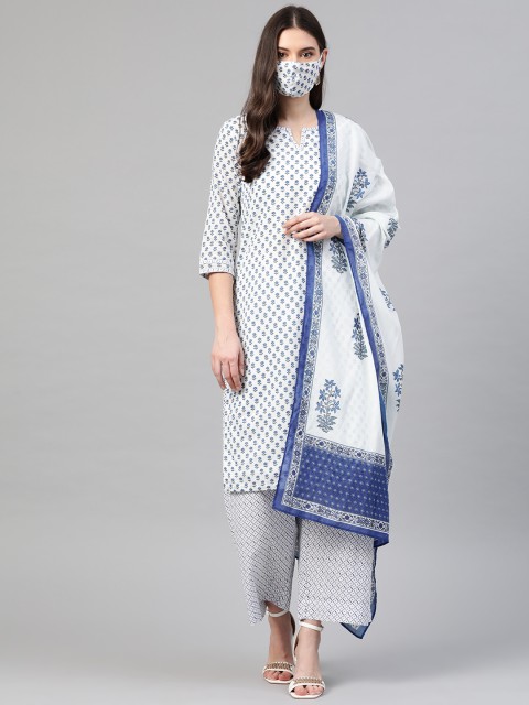 

Biba Women White Blue Ethnic Motifs Printed Cotton Kurta with Palazzos Dupatta