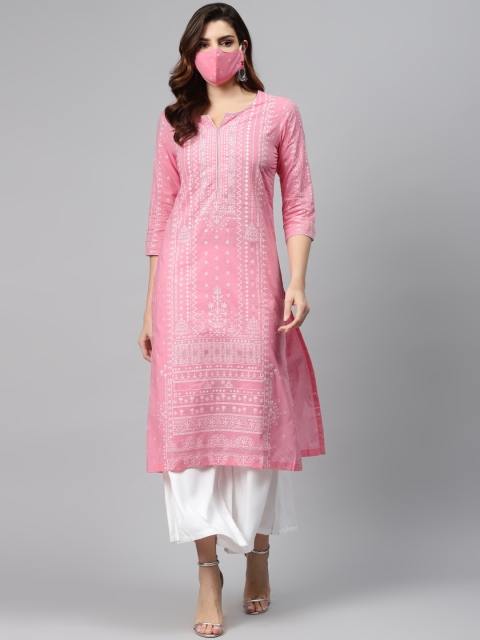 

Biba Women Pink Silver Ethnic Motifs Printed Cotton Straight Kurta